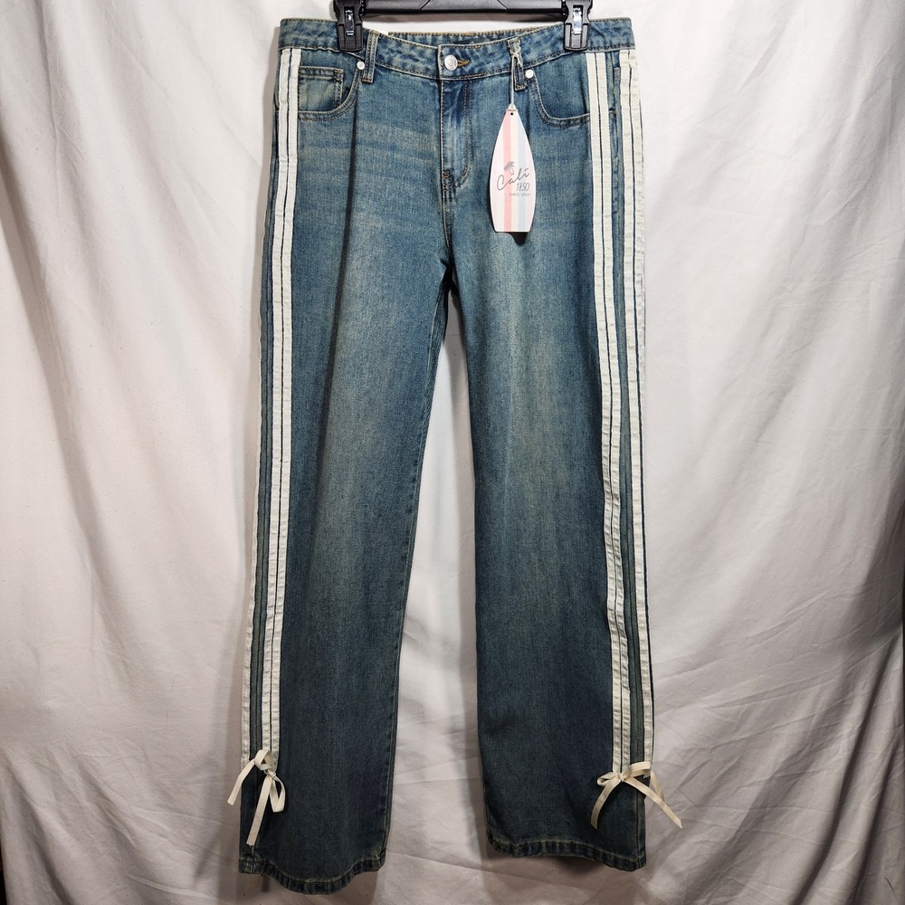 Cali 1850 Blue Striped Bow Accent Straight Denim Jeans Womens Size 9/29